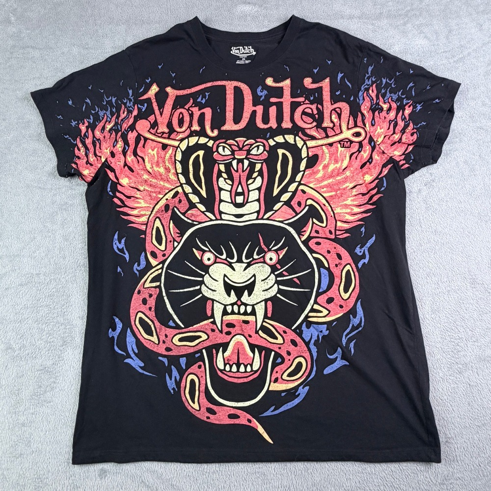 Von Dutch Mens 2X Black Graphic T-Shirt Cobra Panther Snake Flame Streetwear Tee